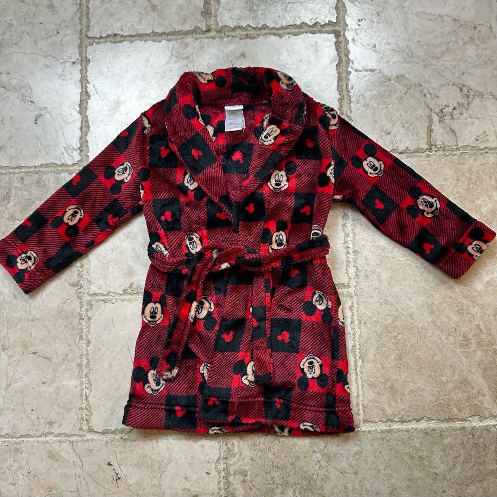 Disney Mickey Mouse Robe Plush Soft Fleece w/Tie Red Black 2T 3T Buffalo Check